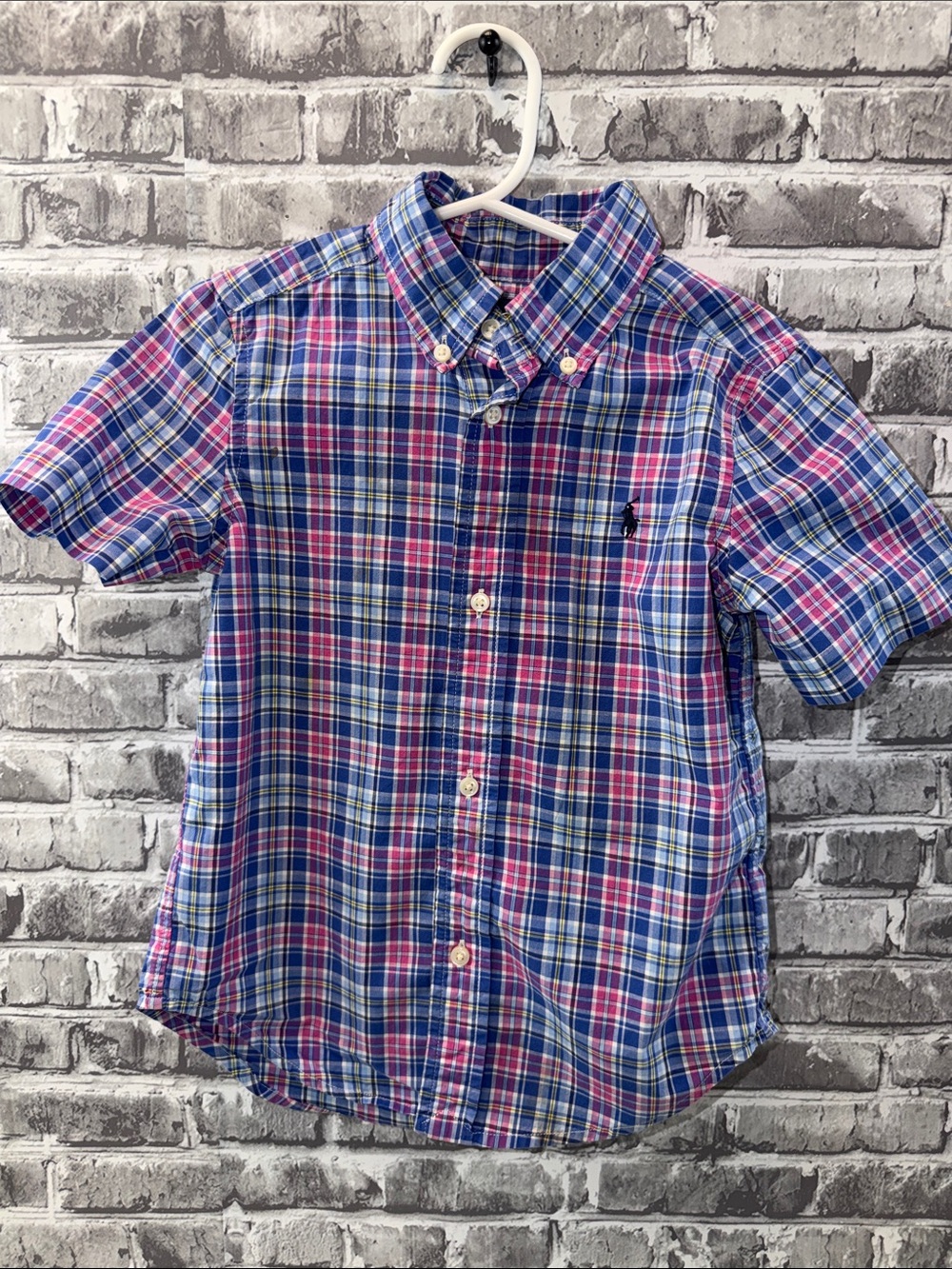 Boy's Ralph Lauren Short Sleeve Plaid Button-Down Shirt - Blue & Pink